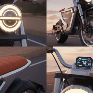 Suzuki e-VanVan Electric Motorcycle Concept on a beachside road during sunset