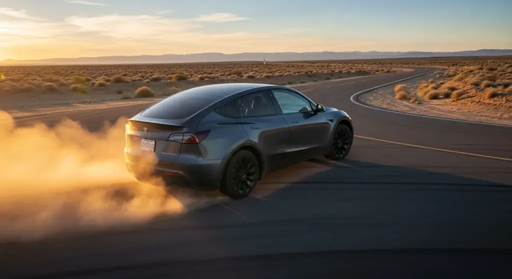 Tesla Model Y Performance 2026 accelerating on a desert highway, emphasizing speed and power.