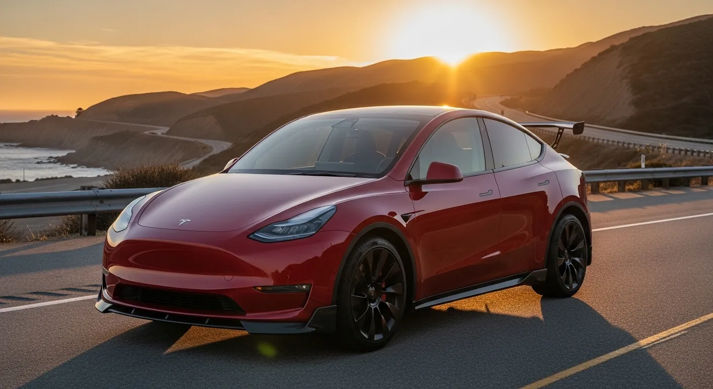 Tesla Model Y Performance showcased on a California highway at sunset 2026