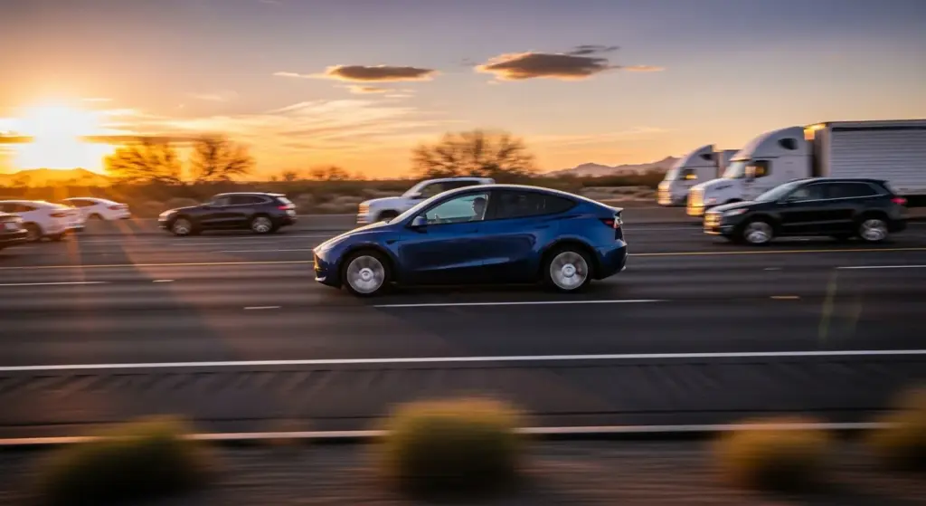 Tesla Model Y Standard driving on U.S. highways, showcasing real-world performance
