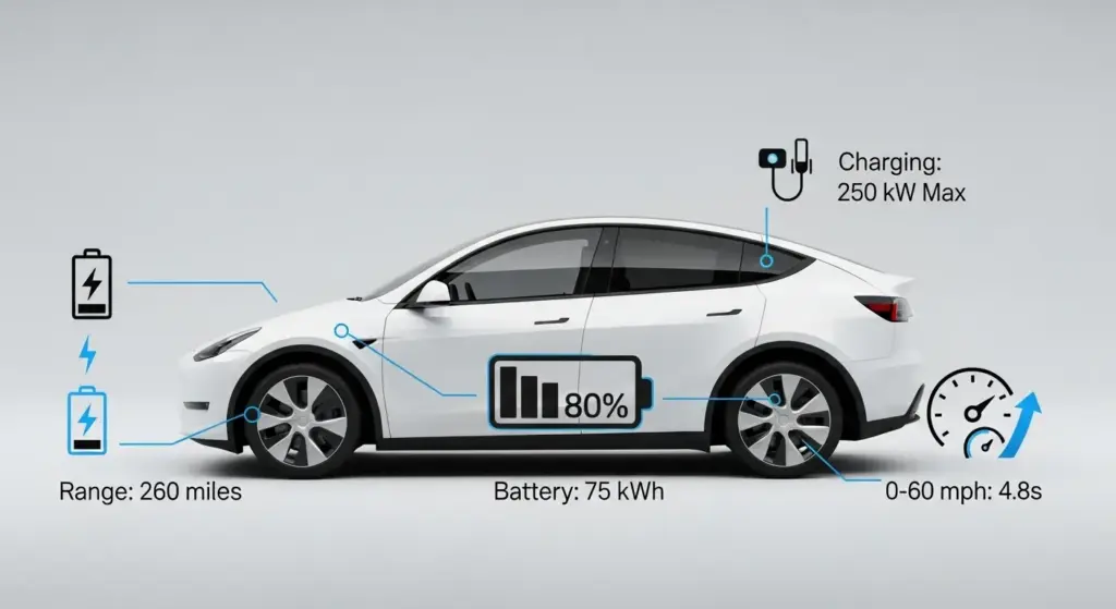 Tesla Model Y Standard infographic showing range, performance, and EV specs.