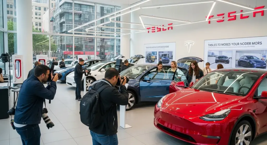 Tesla showroom with customers viewing the newly launched $37,990 Model Y.