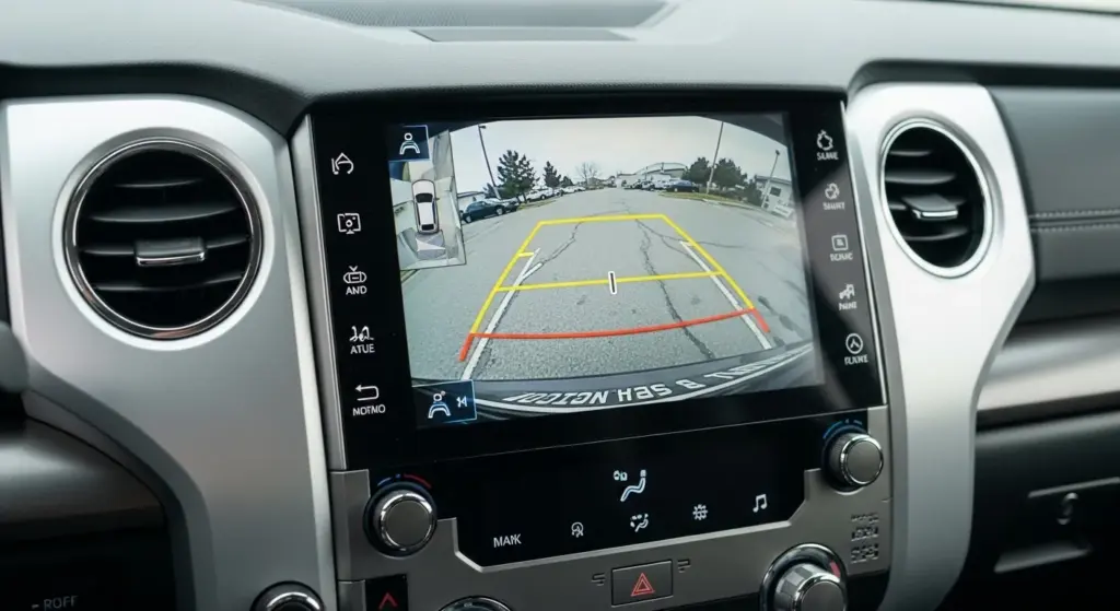 Toyota Tundra 14 inch multimedia display showing rear camera interface inside cabin