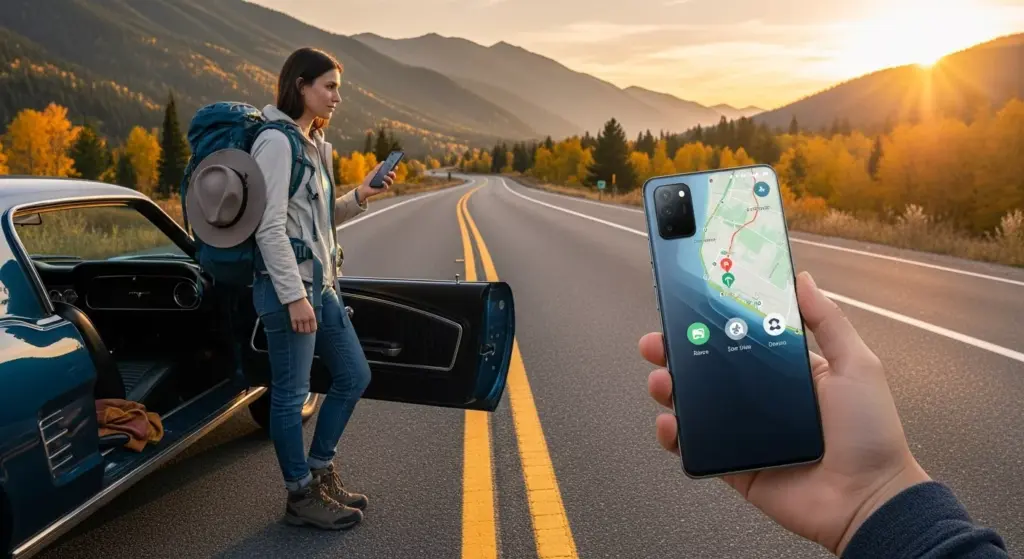 Traveler using Zenfone 12 Ultra on a scenic U.S. highway road trip