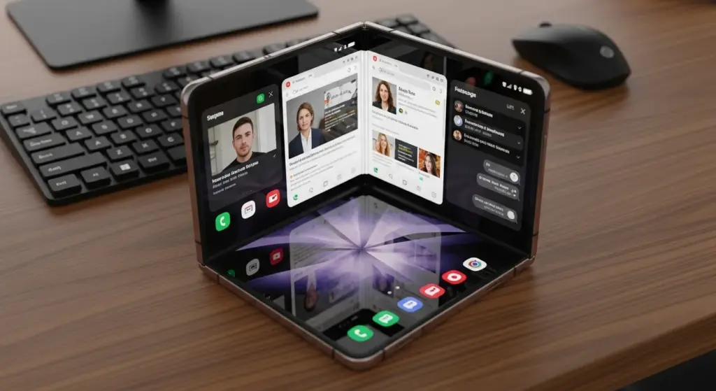 TriFold open in multitasking mode with three apps running