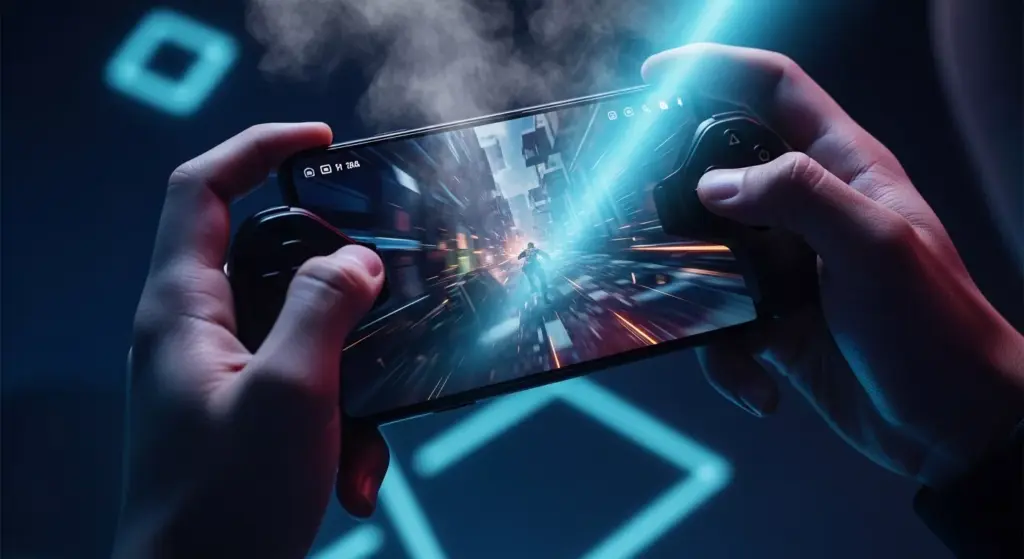 User gaming on Zenfone 12 Ultra, cool tone lighting, focus on thermals