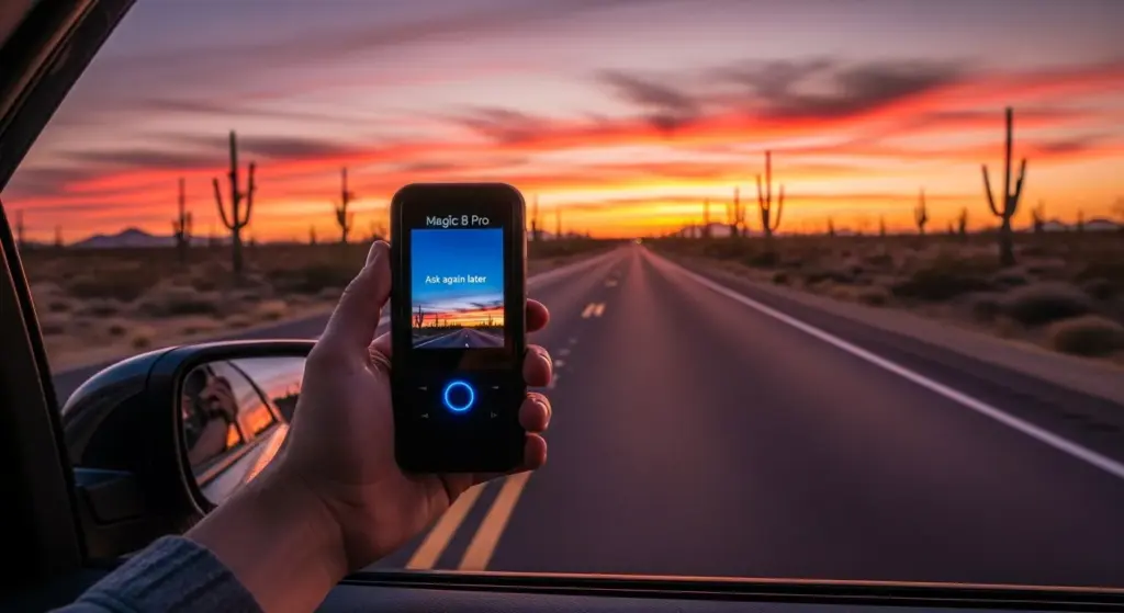 User holding the Magic 8 Pro while traveling through an American desert highway