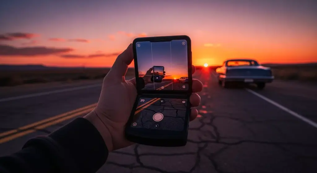 User taking sunset photo on Route 66 with Motorola Razr Ultra 2025 half-folded, natural light glow