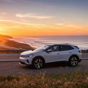 Volkswagen ID.4 EV parked beside a California highway at sunset, stylish media-launch photo.