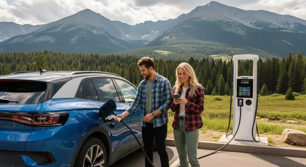 Young American couple charging a Volkswagen ID.4 at a Colorado mountain charging station.