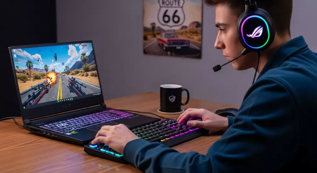 Young gamer using ASUS ROG Strix SCAR 18 on a wooden desk with Route 66 poster in background, RGB lighting, headphones, coffee mug beside keyboard