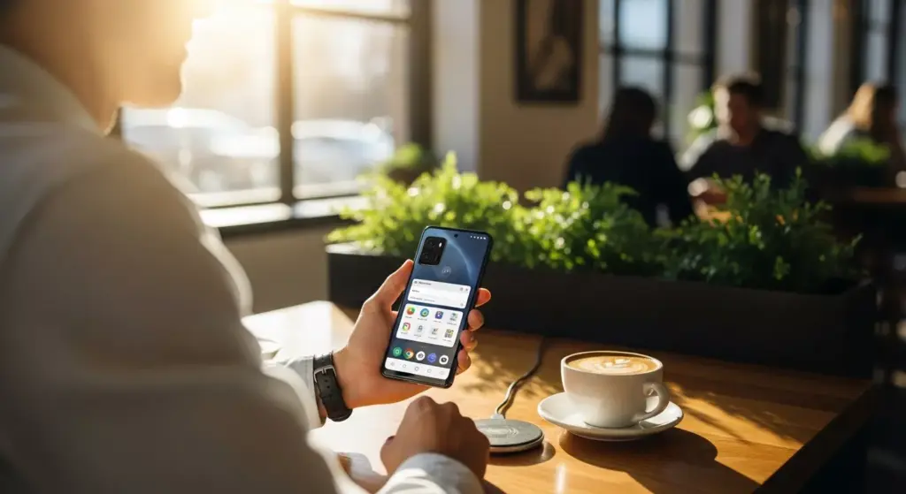 Young professional using Motorola Edge 50 Ultra in a sunlit coffee shop in Austin, Texas; device in hand, wireless charger nearby, casual vibe