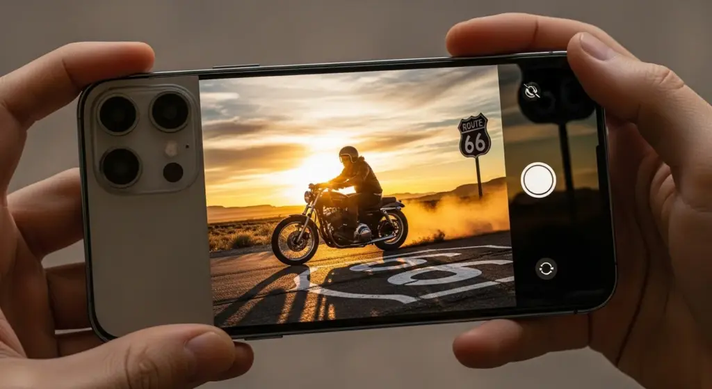 iPhone 17 Pro capturing a motorcyclist on Route 66 at sunset
