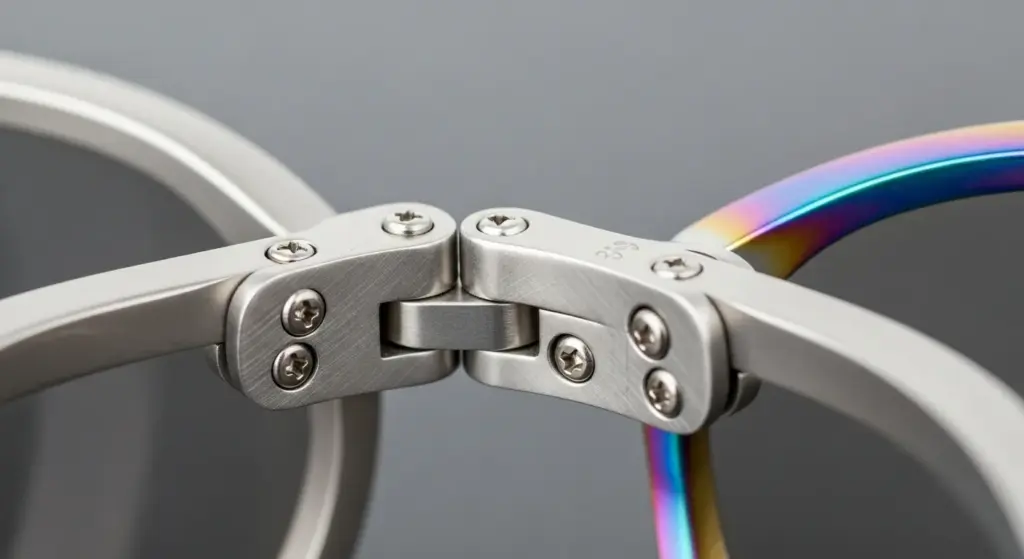 macro shot of hinges and titanium frame.