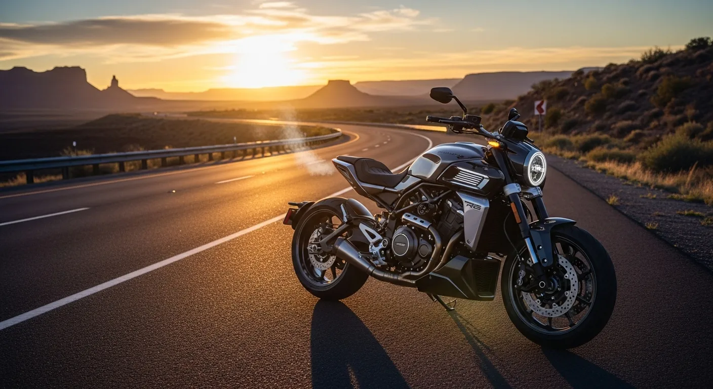 motorcycle idling on a US highway at sunset, showing smooth engine idle and clean design