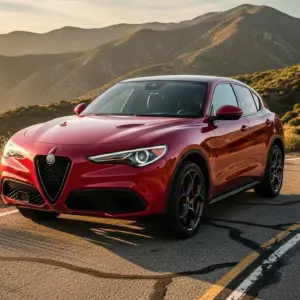 2026 Alfa Romeo Stelvio — next-gen SUV showcased in an outdoor California mountain setting, golden-hour lighting, cinematic photo style