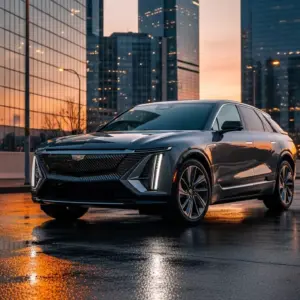 2026 Cadillac Lyriq-V electric SUV in a sunset urban setting, sleek LED signature lights on, street reflection on wet asphalt, luxury launch photo shoot, modern cityscape background.