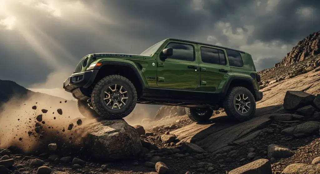 2026 Jeep Recon EV climbing rocky mountain trail, aggressive off-road suspension movement, dust flying, dynamic action shot