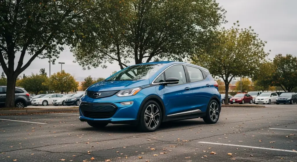 2027 Chevrolet Bolt EV in a natural outdoor setting, slightly overcast sky, soft shadows, real-world parking lot environment.