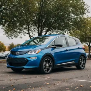 2027 Chevrolet Bolt EV in a natural outdoor setting, slightly overcast sky, soft shadows, real-world parking lot environment.