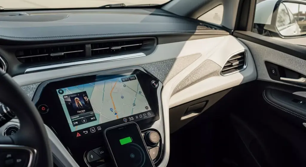 2027 Chevrolet Bolt interior close-up, infotainment screen, air vents, dashboard textures under natural daylight.