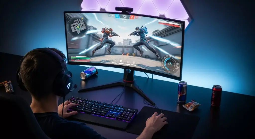 A gamer playing a AAA title on the 18” screen; or a frame from an esport game with 300 Hz motion blur simulated to show speed.