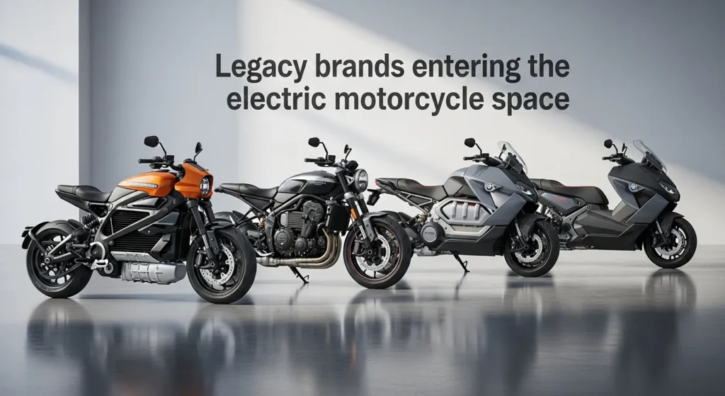 A lineup of Harley, Triumph, and BMW electric motorcycles in a minimalist studio setting