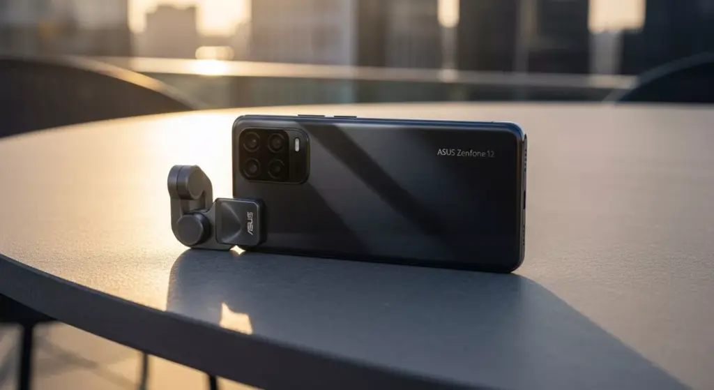 ASUS Zenfone 12 Ultra flagship smartphone placed on a minimal outdoor table, soft golden-hour lighting, premium matte glass back.