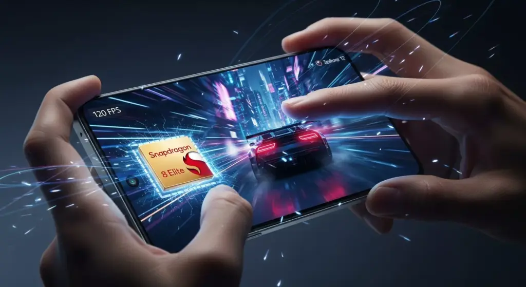 ASUS Zenfone 12 Ultra in action — gaming screen visible with high FPS graphics, dynamic lighting, motion blur elements showing performance speed.