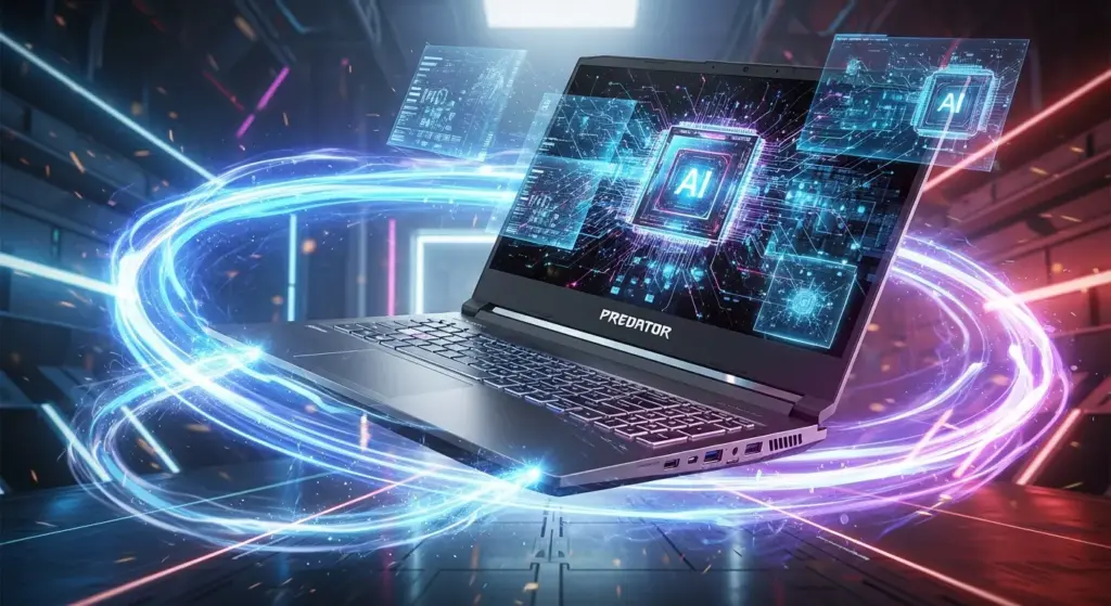 Acer Predator Helios 18P AI in a powerful action pose, gaming environment in the background