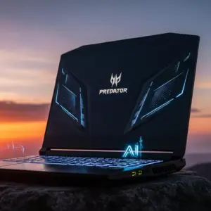 Acer Predator Helios 18P AI showcased outdoors at sunrise, premium cinematic lighting