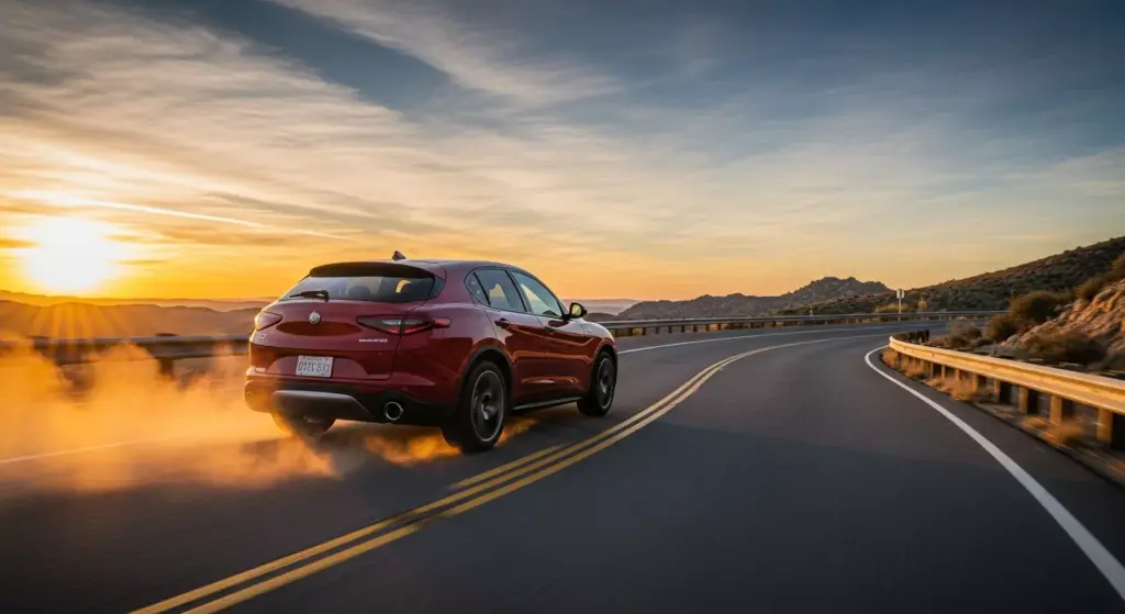 Action shot of 2026 Alfa Romeo Stelvio driving fast on a winding US highway, dust trail, motion blur, sunset sky