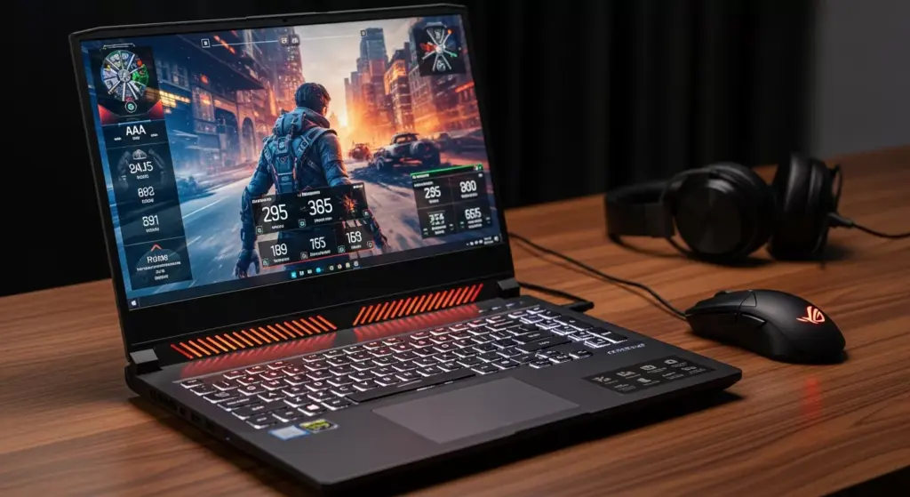 Action shot of ROG Strix SCAR 18 (2025) on a wood desk running AAA gameplay