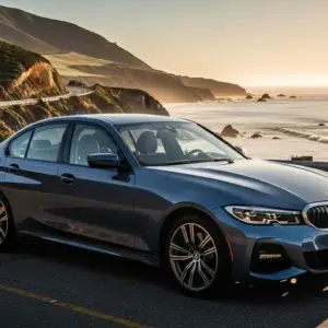 BMW 3 Series sedan parked on a scenic California coastal highway at golden hour, sleek metallic blue color, dynamic lighting, cinematic photo style,