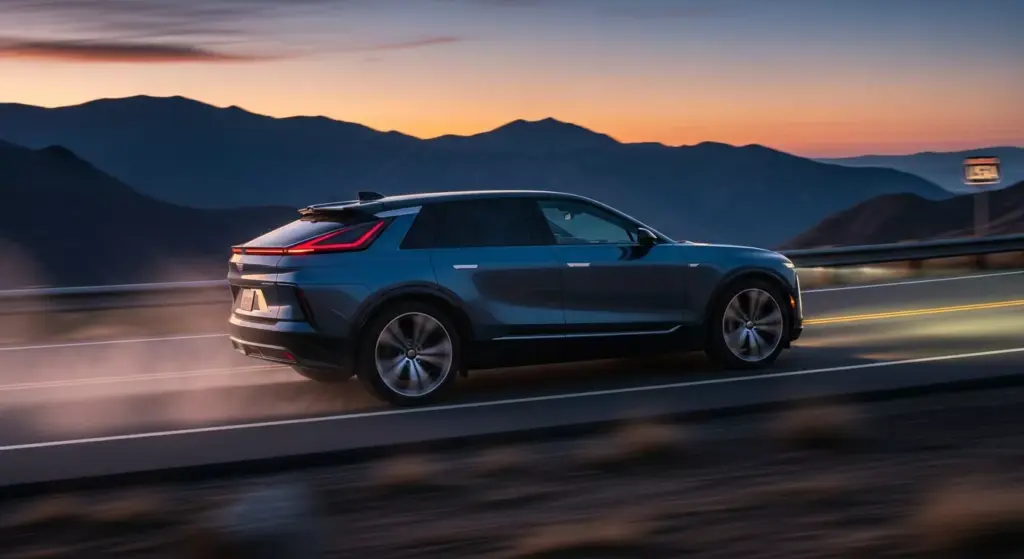 Cadillac Lyriq-V electric SUV in motion on a mountain road, motion blur, dust trailing behind, dynamic driving shot, bright sky, muscular stance, USA highway background.
