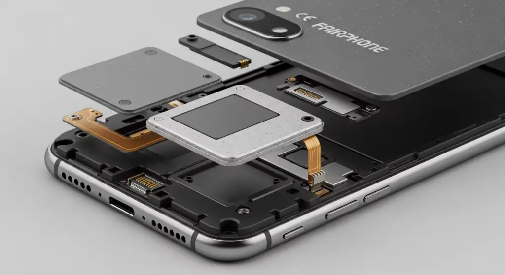 Close-up macro shot of the Fairphone 6 showing its modular design and eco-friendly materials.