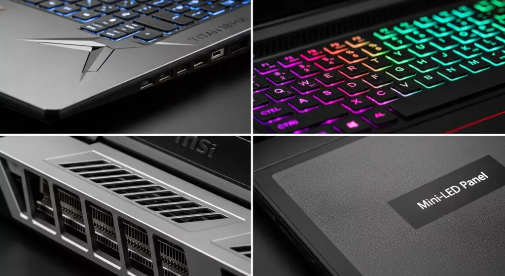 Close-up macro shots of MSI Titan 18 HX AI chassis, keyboard RGB patterns, heat vents, and Mini-LED panel finish.