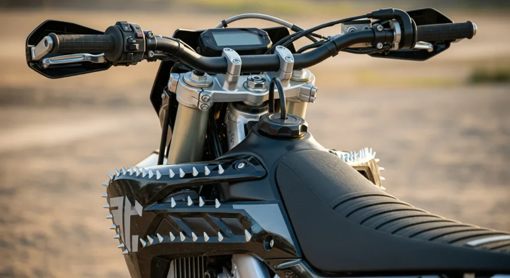 Close-up of 2026 dirt bike cockpit with risers