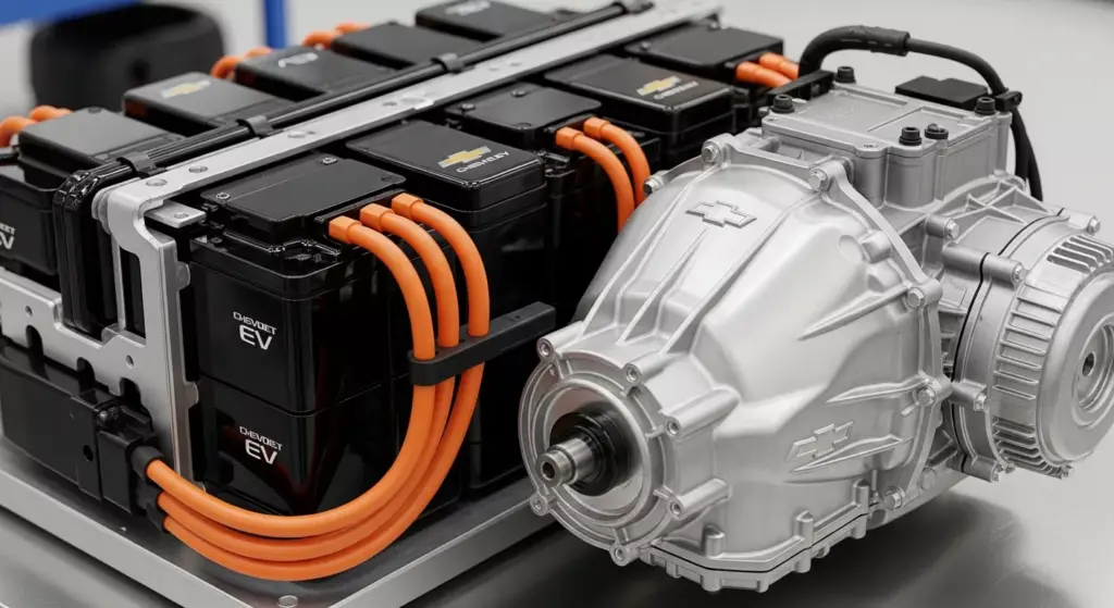 Close-up of EV battery pack and motor assembly, 2027 Chevrolet Bolt–style design cues, clean workshop lighting.