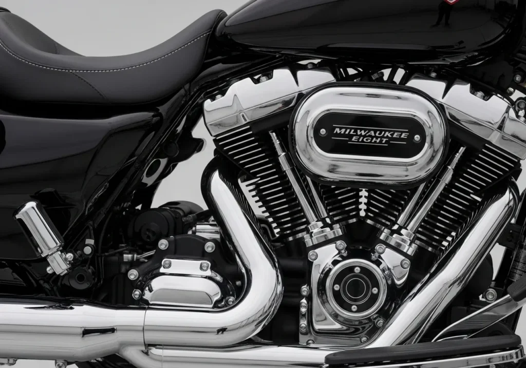 Close-up of Harley-Davidson Milwaukee-Eight engine with solo seat trim