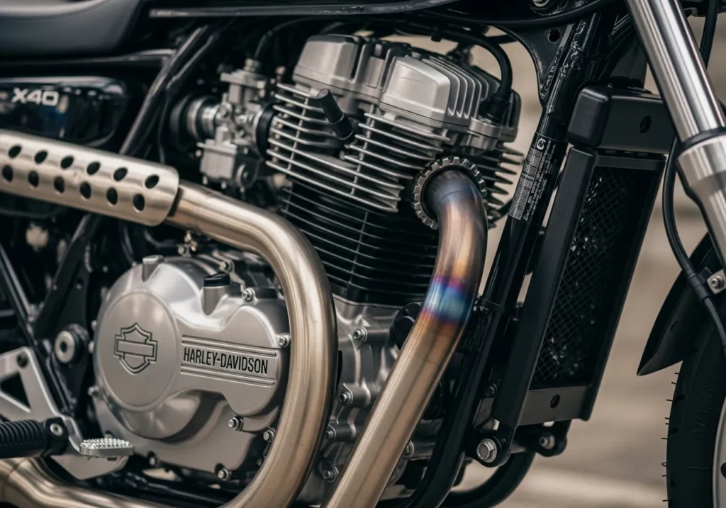 Close-up of Harley X440 engine and suspension components
