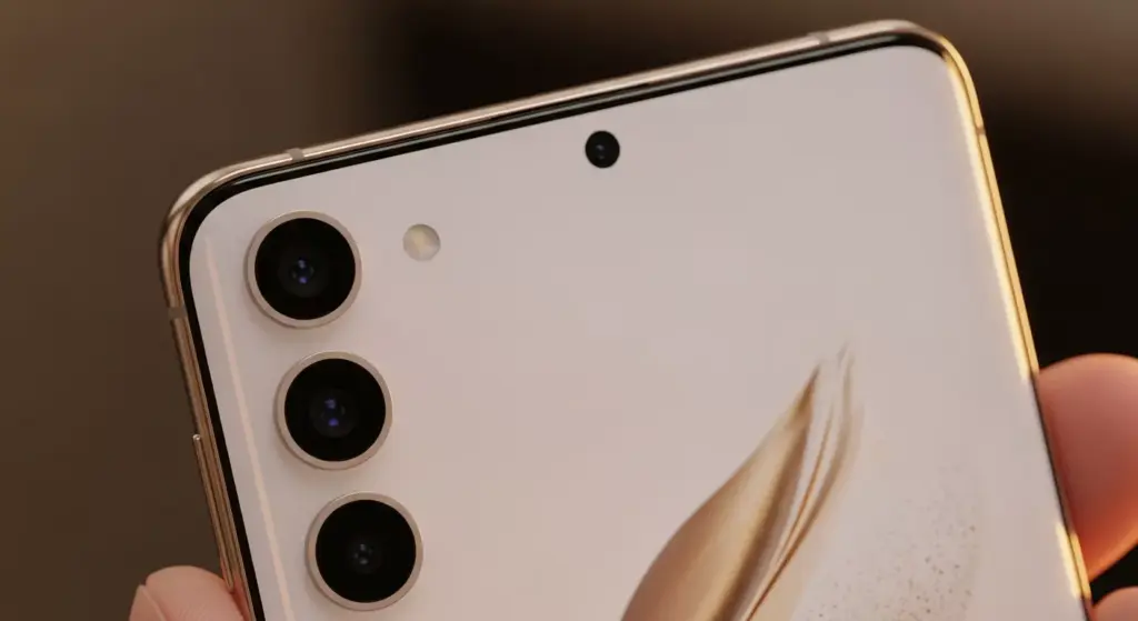 Close-up of Samsung Galaxy S25 Edge curved display edges, aluminum frame, quad-camera setup