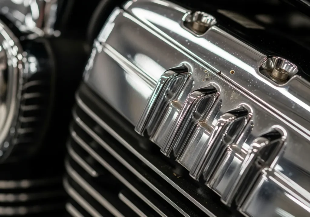 Close-up of motorcycle engine fins.