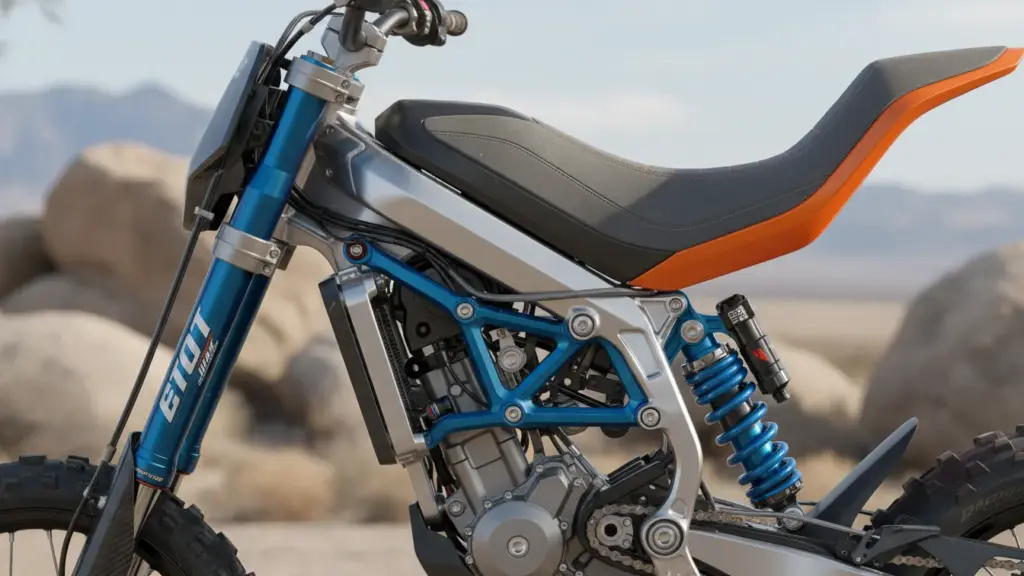 Close-up of tall dirt bike seat height and suspension components,