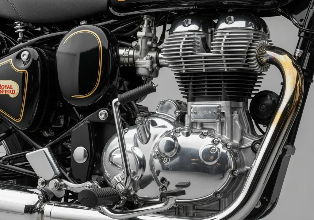 Close-up on 648cc parallel-twin Bullet 650 engine