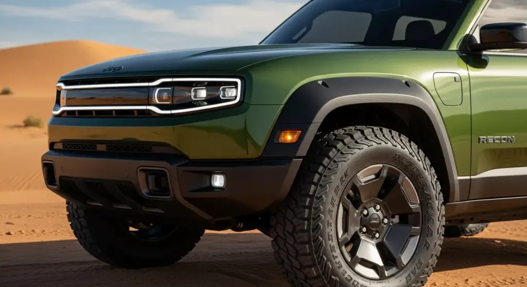 Close-up shot of 2026 Jeep Recon EV exterior, bold squared-off body, chunky off-road tires, LED strip headlights