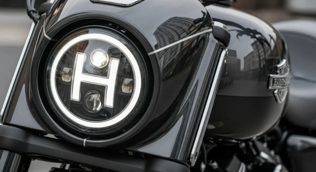 Close-up shot of Harley-Davidson X440 LED headlight and tank design