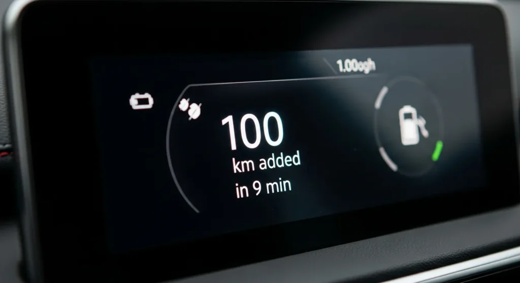 Close-up shot of a digital display showing “100 km added in 9 min” during charging