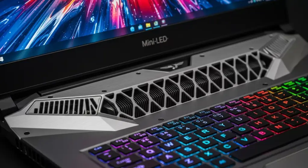 Close-up shots of Thunderobot Zero 18 Pro chassis, vents, Mini-LED panel, keyboard RGB, sharp body lines, metallic surfaces.