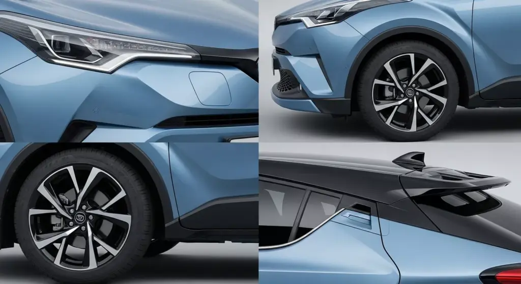 Close-up shots of Toyota C-HR+ EV exterior styling — bold front grille delete, aerodynamic lines.